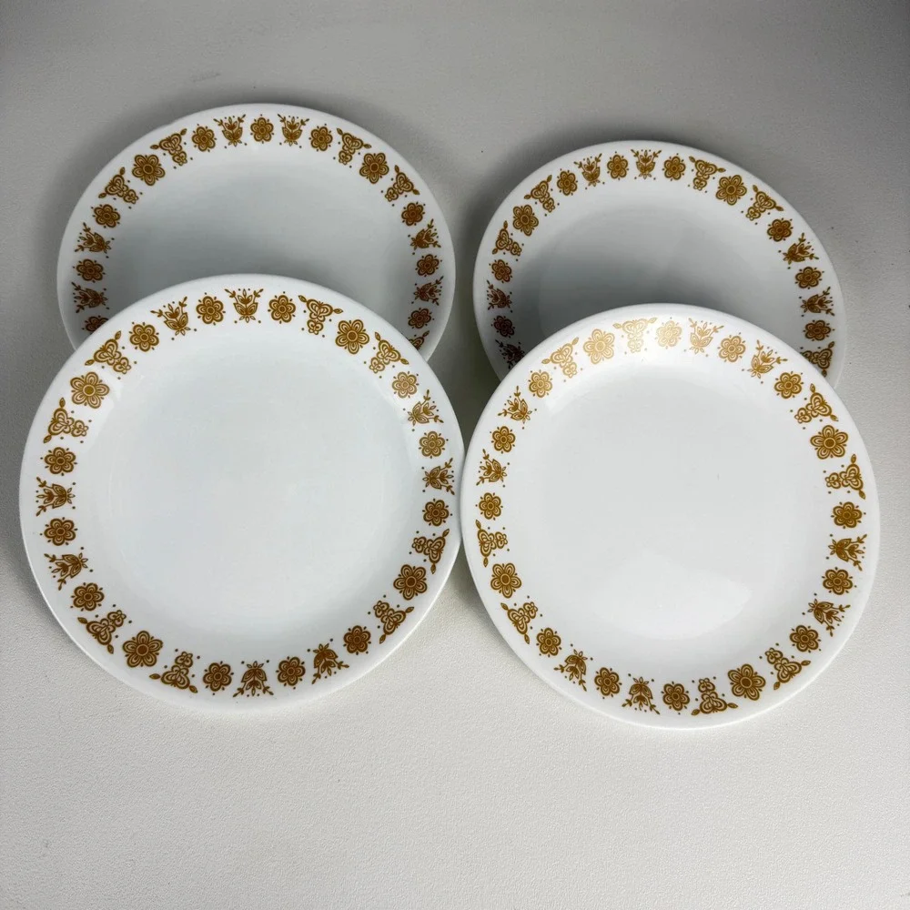 Corelle Plates (Butterfly Gold) Set of 4 Vintage Mid Century Modern Gold Floral